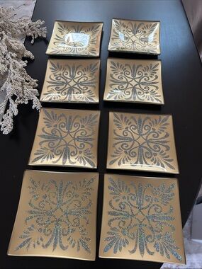 Gold Decorative Glads Square Plates with Silver Glitter Motif (Set of 8)